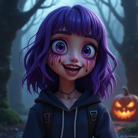 A cartoon shot of young adult Dora The Explorer in Halloween cosplay, dark clothes, no gloves, soft hoodie, purple hair, long hair, shoulder length hair, scary cosplay makeup, perfect eyes, perfect face, spooky vibe, joyful, 2d, HQ, high resolution, detail...