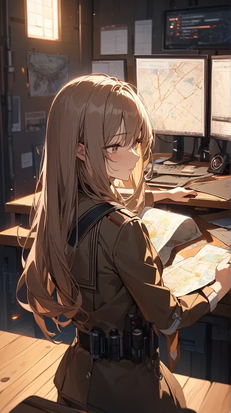 One Girl、Calm expression、Deep Eyes、Long Hair、 wearing a military uniform 、 Graceful Posture、Small breasts、 holding a map in hand 、  
break、  
Twilight、（ dramatic lighting:1.3）、 Warm Tones 、Strategic atmosphere 、Analytical Senses 、 Artistic Details 、Intelle...