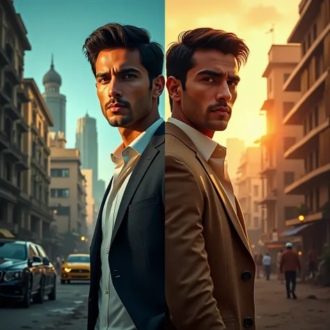 create a cinematic movie poster of a young , fair & handsome man story from poverty to indias richest man , there should be 2 different pictures of same boy , in one picture boy wearing a business suit with 3 luxury cars & should be in between tallest buil...