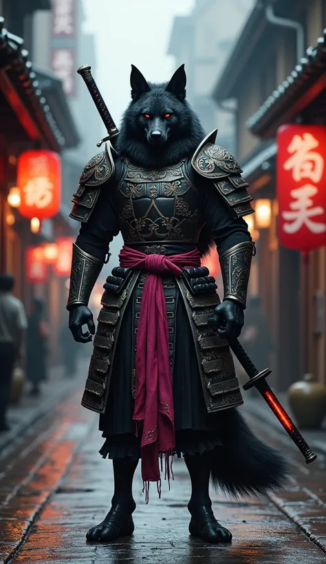 A digital artwork depicts an anthropomorphic wolf-like character standing prominently in the center of a dimly lit, narrow alleyway. The character has a fierce expression with glowing red eyes and is adorned in intricate black armor featuring silver scroll...