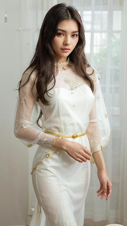 Elegant, graceful & stylish Malay woman showing serene expression wears minimalist sheer dress, sheer pale yellow with pale imprint of purple tulips with fine embroidery,highly detailed texture,green belt encrusted with beads & gems.long wavy hair.Fashion ...