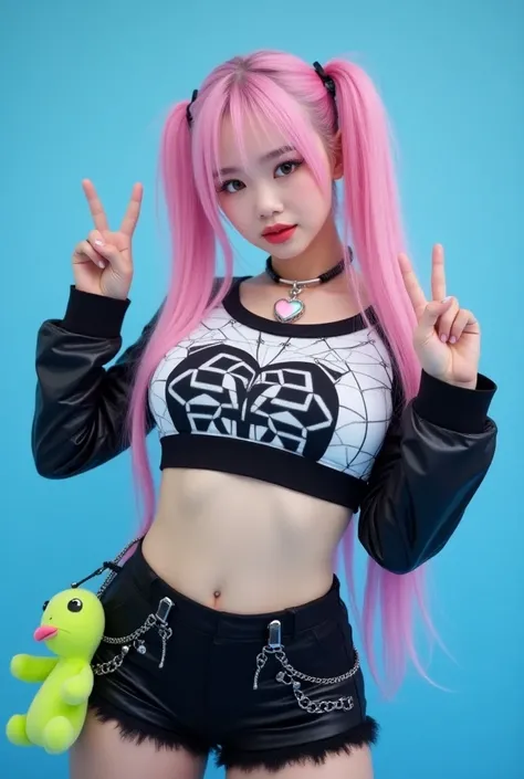 asian girl 18 years, คนจริง,  young woman with long pink hair styled in twin ponytails. She has soft, doll-like features with big eyes and a small heart-shaped necklace. She is wearing a futuristic outfit with a black and white geometric design on the crop...