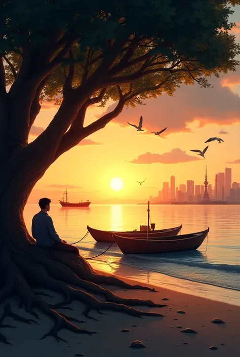 This serene image captures a peaceful coastal scene at sunset. In the foreground, a man sits under a large tree with exposed roots, gazing at the water. Two small wooden fishing boats rest by the shore, tethered to the sandy beach. The calm water reflects ...