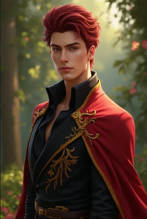 a man in his twenties, handsome, tall, has  dark red hair, he is a king in the kingdom of rosoes, very young, strong and beautiful, skinny