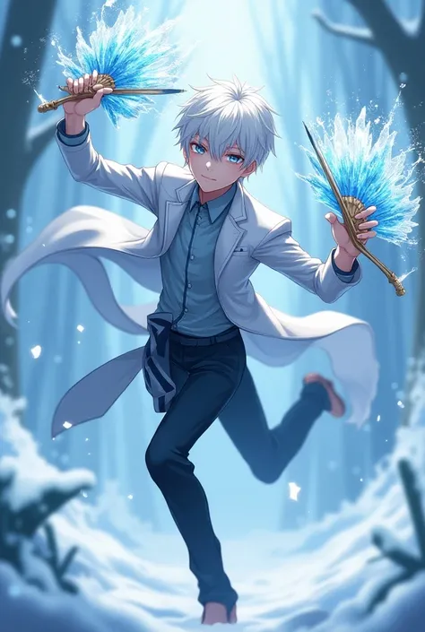 Tall anime male twink with white hair and blue eyes holding 2 fans with the ability of ice