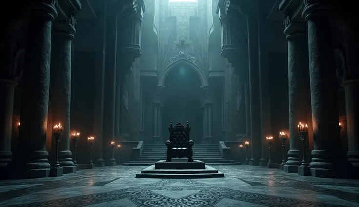 A wide shot of a grand, dark throne room with stone walls and tall pillars. The room is dimly lit by a few flickering torches, casting long shadows across the floor. In the center is a large, imposing throne made of dark wood and metal, placed on a raised ...