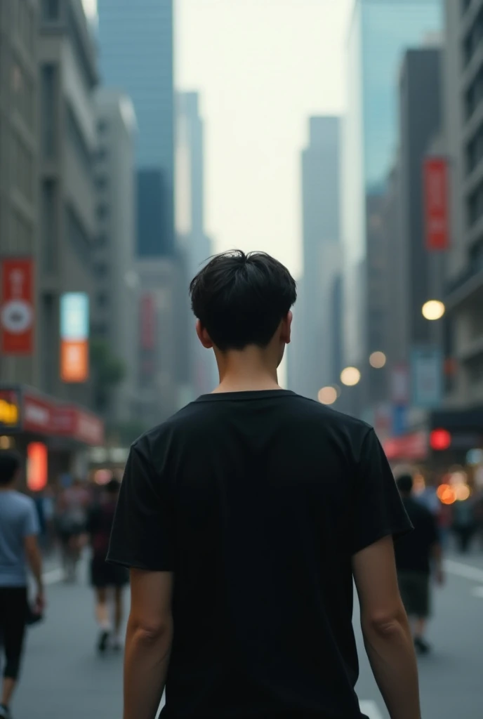 A young man wearing a black color shirt walks Head down through the city