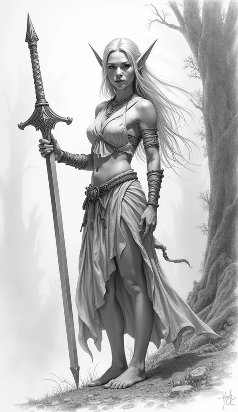 Design a template for an elven female warrior with a saber in the shape of a pencil drawing, an elven woman must be identified 