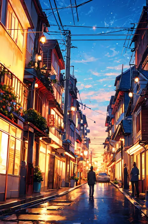 masterpiece,  Concept Art , Painting of (Electric pole:1.5)  On the Street at Dusk , Painting,  , anime高果糖,  Telephone Line , GTA art , Warm sunset, Beautiful Iwakura,  Toon Aesthetics , Colorful houses, Connecting Line ,  animeスクリーンショット , art », Faded col...