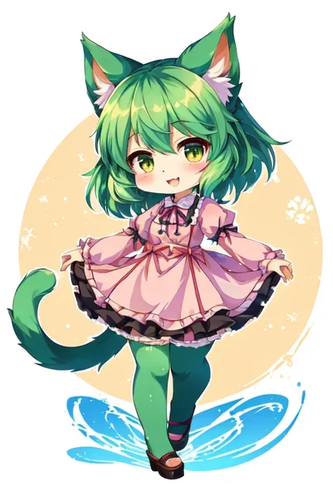 a cartoon cat girl in a pink dress and green hair, cute anime catgirl, chibi monster girl, cute!! chibi!!! catgirl, very beautiful anime cat girl, anime catgirl, anime moe artstyle, from touhou, touhou character, splash art anime loli, female furry mini cu...