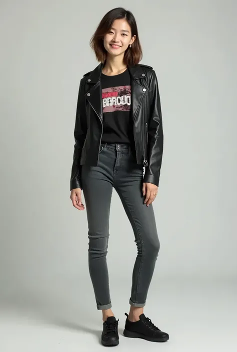 A neat Japanese woman、、Ear piercing、Brown Hair、Leather jacket、smile、 starwars shirt,, likes Star Wars, marvel and skateboarding, all interests should be inclouded, she should wear something deadpool or Spider-Man themed, a whole body shot with a neutral ba...