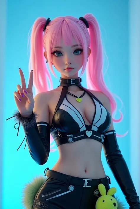 asian girl 18 years, คนจริง,  young woman with long pink hair styled in twin ponytails. She has soft, doll-like features with big eyes and a small heart-shaped necklace. She is wearing a futuristic outfit with a black and white geometric design on the crop...