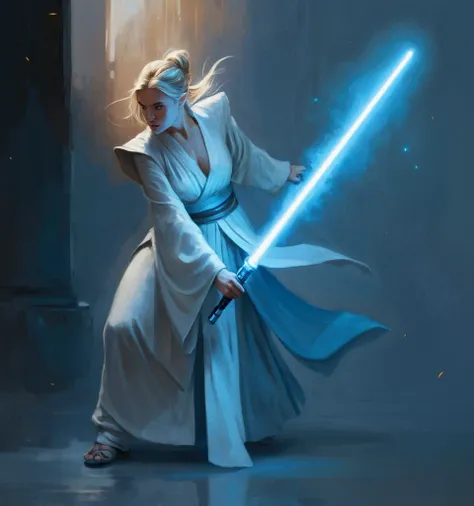 une peinture dune femme en robe blanche tenant un sabre laser, blonde female Jedi, female Jedi, Jedi with light saber, Jedi master, personnage Star Wars, samurai Jedi, Jedi, wearing Jedi robes, sabre laser bleu, holding a sabre laser bleu, Jedi robes, avec...