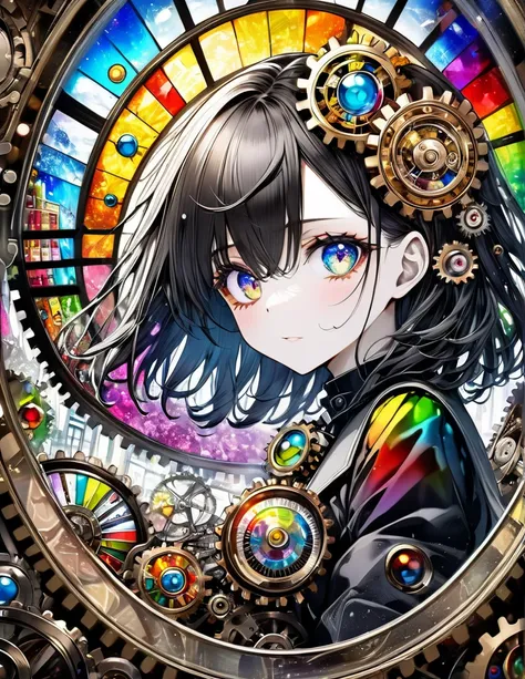  best quality, Supermarket, 16k,  is unbelievably ridiculous,  very detailed, Delicate and dynamic, Stained Glass Window Scope Made of gemstones of various colors, With mechanical mechanism, Clockwork mechanism, and gear mechanism, A monochrome girl peerin...