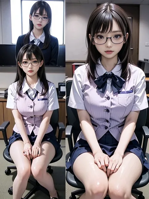   Japanese women   (         black short bob            ),          plump body          ,          black eyes   ,( Wearing rimless glasses)        Office Lady Uniform        , (    a woman dressed in pale purple is crouching down to highlight 、 Im hunching...