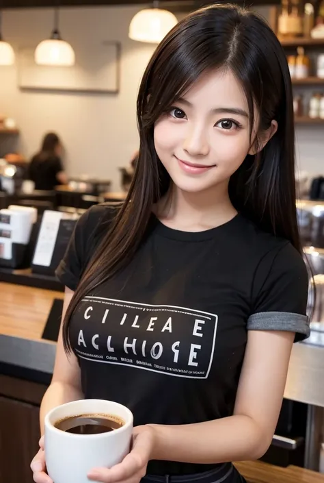  female about college working in a cafe, Photographed handing over a coffee cup with coffee poured over the counter, Espresso machine , Barista, Detailed Hair,Detailed face,Detailed eyes, Mouth details, natural look ,  Detailed Needles ,Waist Details , mas...