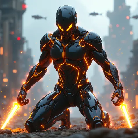 A futuristic, cybernetic warrior kneeling in a dynamic pose on a sci-fi battlefield, exuding immense power and energy. The figure is clad in sleek, advanced black metallic armor with glowing orange energy coursing through the suit, particularly around the ...