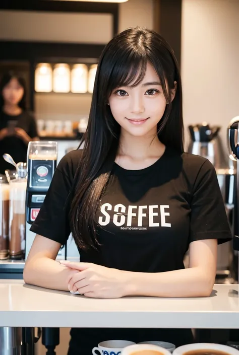  female about college working in a cafe, Take a picture of them handing coffee over the counter, Espresso machine , Barista, Detailed Hair,Detailed face,Detailed eyes, Mouth details, natural look ,  Detailed Needles ,Waist Details , masterpiece,8k,16k,phot...