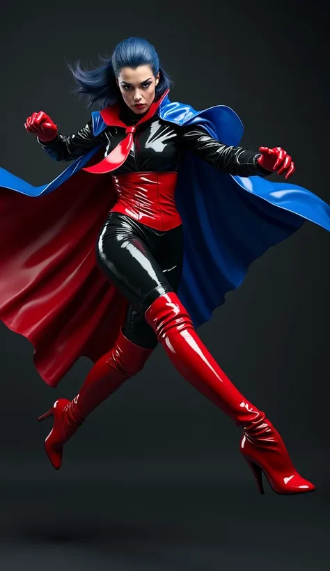 femme en action de sauter et donne un coup de pieds en avant, latex, brillant, chemisieren latex transparent noir, cape en latex bleue electrique, cravate latex rouge, corset latex rouge, jupe crayon bleu électrique en latex, cuissarde vinyle talons extrêm...