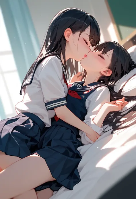 Score_9,Score_8_up,Score_7_up,highest quality,detailed,2 beautiful 18yo girls,JK,slim,(black_long_hair,straight_bangs),(wearing school uniform:1.2),(perfect anatomy),(kissing),(caressing),in bed,(aroused,sexual pleasure,ecstasy face:1.2),(tongue:0.5)