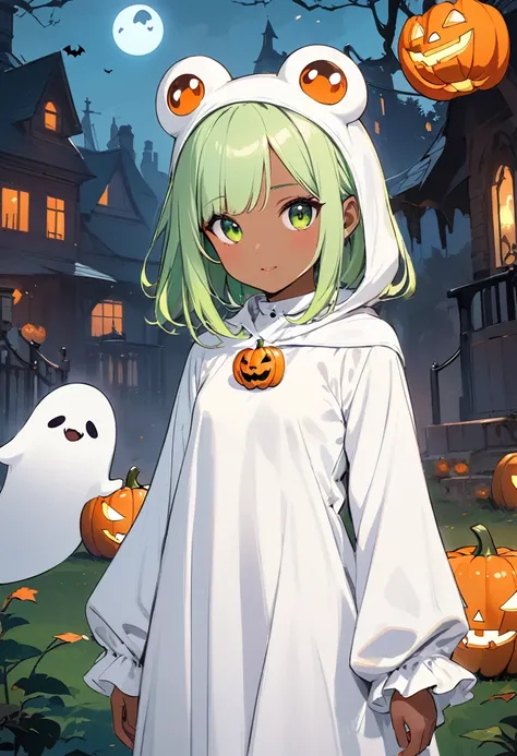 (masterpiece, best quality),concept art,pop-art,Girl cosplaying ghost, white-ghost costume, Halloween,at outdoor halloween party,white ghost frog, BREAK (tween,cute,white ghost-shaped headgear,tanned dark skin,lightgreen hair,side bangs,small breast),