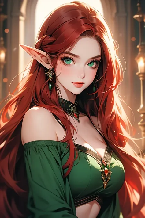 off shoulder, plump breast,3/4 portrait images of a woman elf with ((long straight red hair)), green eyes, pale skin, fierce eye...