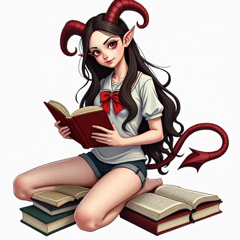  Beautiful girl reading a book with horns and demons tail, sitting on books , wicked smile, Compulsive Reading Syndrome,Detail,  long hair , mischievous, wicked, instead, crazy smile, evil smile, Frowning brow, Hyperdetailed, Hyperrealism, 