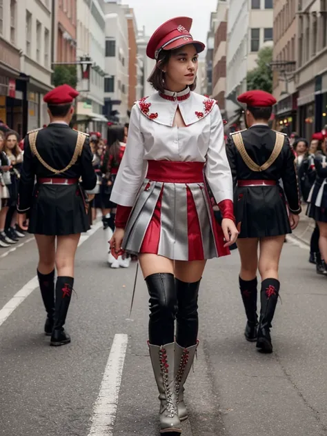 Generate an Image about: A high school boy joining the parade wearing a band uniform outfit. Outfit of those boys: 1. Red-colored tunic with sleeves and white buttons at left to right within the tunic with olive leaves embroidery, rope embroidery on a coll...