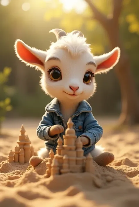 cute anthropomorphic baby goat in a denim jacket building a sand castle,1 goat, detailed facial features, big expressive eyes, detailed fur texture, denim jacket, playing in sandbox, sand castle, outdoor scene, sunny day, vibrant colors, cinematic lighting...