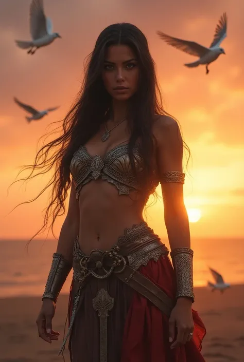 a beautiful detailed female warrior, long dark hair, beautiful brown eyes, athletic figure, ornate iron armor with a skirt, holding a white dove in her hands, against a beautiful sunset with birds flying, (best quality,4k,8k,highres,masterpiece:1.2),ultra-...