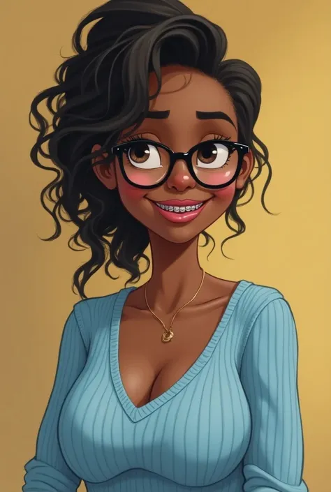 Nerdy brown girl ,  has glasses and wears brakets on her teeth  , But shes also busty and has an excellent figure even though she doesnt know it, She has a low-cut light blue sweater