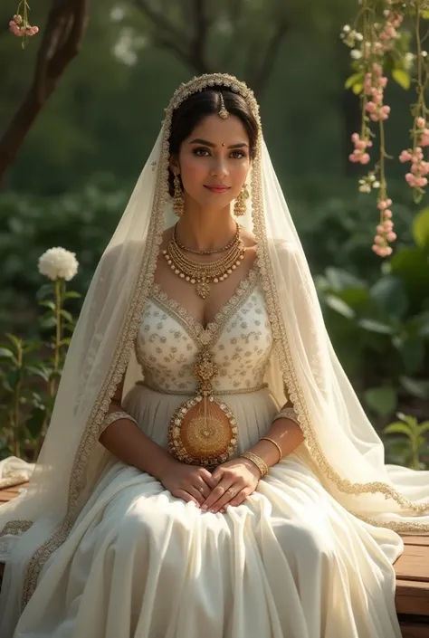 Indian queen with wearing white colour lehenga with having Veena on her handling beautiful seeting wearing white colour oddni seeting 