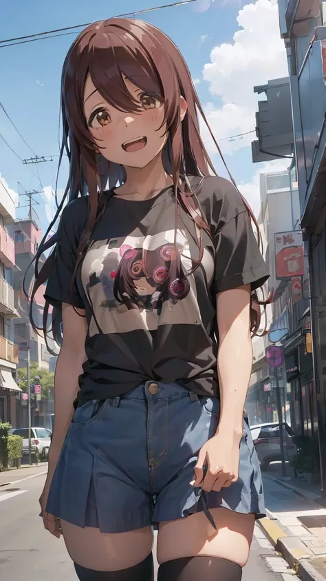 masterpiece, Best Quality,  High Resolution ,  very detailed ,(((Osaki Tenka))), (((T-Shirts))), ((( is standing far away))), (((Positive。))), (((Around town))), (((Against the backdrop of blue sky))), ((( is laughing。)))