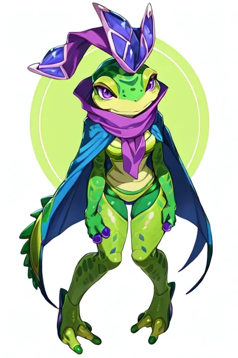 a green and yellow frog with a purple scarf and a purple scarf, glamorous angewoman digimon, anthropomorphic turtle humanoid, humanoid turtle monster, alien frog, as an anthropomorphic turtle, clown frog king, lizardman, gelbooru anime image, frog, cyberpu...