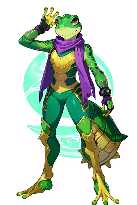 a green and yellow frog with a purple scarf and a purple scarf, glamorous angewoman digimon, anthropomorphic turtle humanoid, humanoid turtle monster, alien frog, as an anthropomorphic turtle, clown frog king, lizardman, gelbooru anime image, frog, cyberpu...