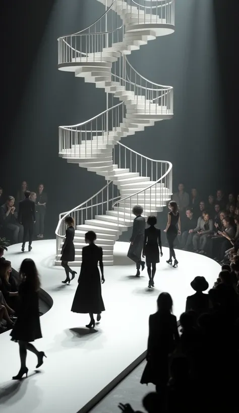 A huge stage set for a fashion show, with a spiral staircase in the center and three tiers reminiscent of afternoon tea trays and plates, fashion models passing by, depicted in fluid black silhouettes, illuminated fashion show