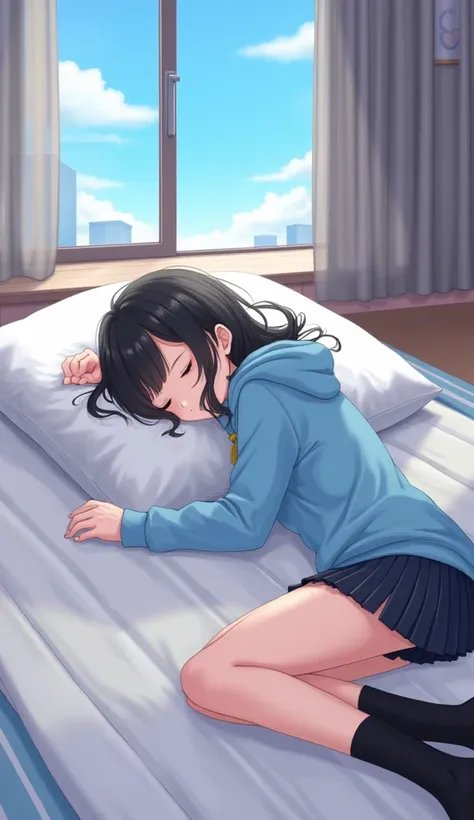 masterpiece, Best Quality,  High Resolution ,  very detailed ,(((Cute black haired girl))), ((( japanese anime))), ((( light blue hoodie))), ((( miniskirt ))), (((Black socks))), (((Sleeping on a futon))), (((indoor))), (((blue sky))), (((Streetscape))), (...