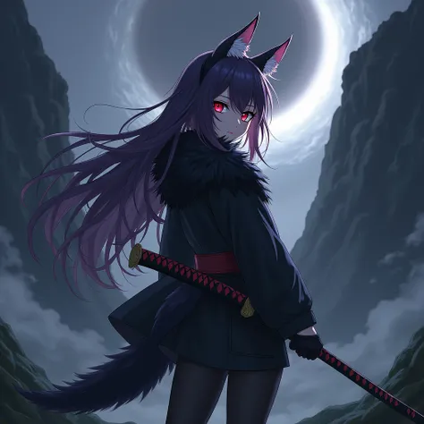 (1 female, ), anime, right red eye and gray left eye, long hair, purplish black hair, ears pointing and wolf ears, has tail, black furry jacket, carrying a katana, standing on a hill between cliffs, black hole, High Resolution, High Details, UHD, 