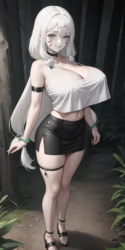 masterpiece, best quality, extremely detail 8k cg, high resolution, 1girl, solo, mature female, Spider_Demon_Daughter, white hair, hair ornaments, facial markings, pale skin, grey eyes, navel, cleavage, jewelry, gigantic breasts, bracelet, crop top, black ...