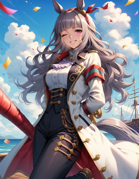 1girl, horse ears, animal ears, solo, smile, one eye closed, horse tail, horse girl, arms behind back, long hair, tail, gold ship (umamusume), armband, looking at viewer, bangs, pants, outdoors, sky, grin, grey hair, blue sky, coat, purple eyes, hat, black...