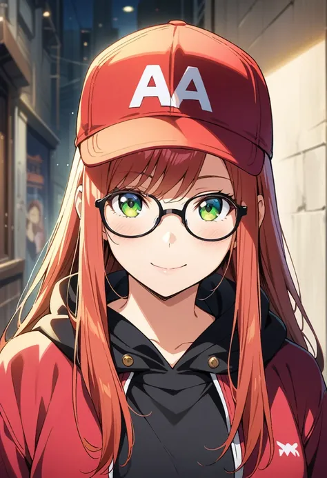 looking up:1.3, One woman, ((masterpiece)), ((Perfect Face))、Blushed、smile、Green Eyes、Red Hair、Long Hair、Wear larger clothes、 jacket、 anime illustration、Realistic Background、anatomical fingers、Golden Ratio, Wear a baseball cap, Glasses、