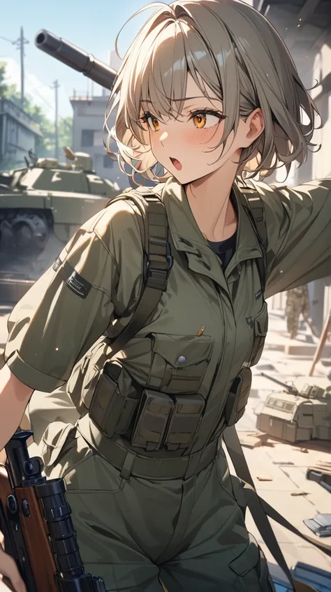 One Girl、Rin々A funny expression、Sharp Eye、Short Hair、 wearing camouflage suit 、Hall々A positive attitude、Small breasts、 holding a rifle in hand、  
break、  
Morning Light、（ Vivid Colors :1.2）、 tense atmosphere 、Strong impression 、 Artistic Details 、 Fascinat...