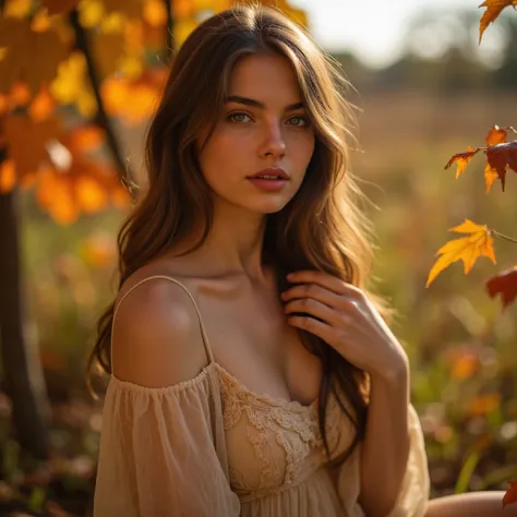 A beautiful young woman has a gorgeous and sensual figure、 Delicate Pottery Skin 、 long flowing hair 、Captivating eyes、Full lips、Graceful pose、 elegant dress 、Graceful Aura 、 gentle expression、Soft lighting、Autumn scenery、 fantasy、Digital Painting、 anatomi...