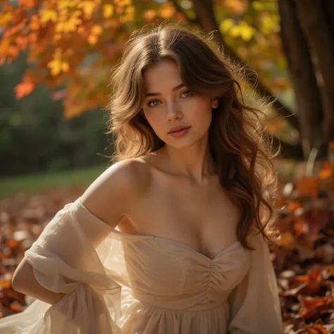 A beautiful young woman has a gorgeous and sensual figure、 Delicate Pottery Skin 、 long flowing hair 、Captivating eyes、Full lips、Graceful pose、 elegant dress 、Graceful Aura 、 gentle expression、Soft lighting、Autumn scenery、 fantasy、Digital Painting、 anatomi...