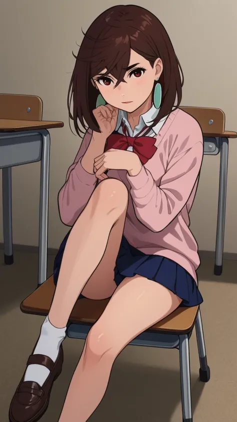 ((masterpiece)), ((best quality)), ((highest quality)), ((ultra-detailed)), ((8k cg wallpaper)), ((extremely delicate and beautiful)), ((illustration)), (high resolution), 1 gril, smile,  detailed hands, sitting in school chair, school desk, looking at vie...