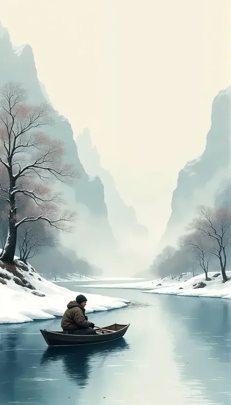 Chinese Landscape Painting，Ink and Watercolor Painting，water ink，ink，Dirty，Vision，Ultra-wide angle viewing angle， detailed船景 ，Dirty，Low saturation，Low contrast， Fishing alone in the cold river snow，Snow Scene，Beautifully depicted， detailed，Acura，artwork，ma...