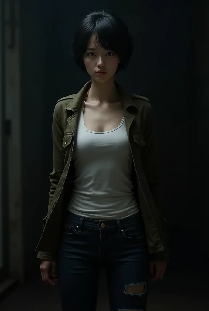 with white tank top and a military jacket over , and jeans, dark atmosphere,  white 21 year old woman in good physical shape with short black hair full body slightly scared hyperrealistic
