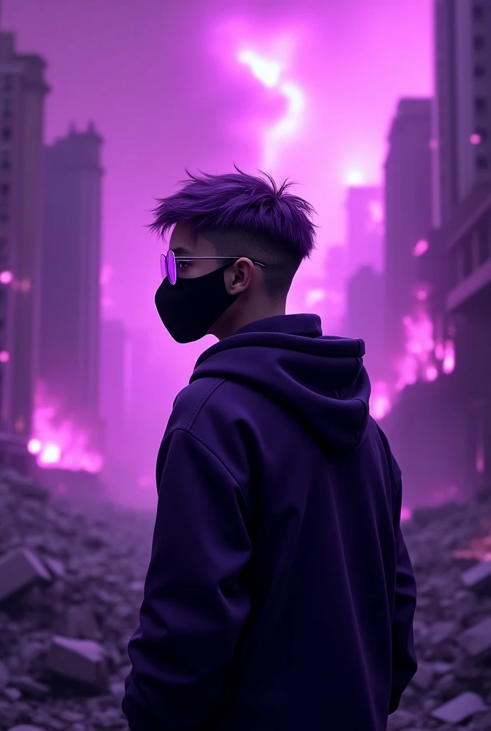 A monochromatic digital artwork featuring a boy aged 25 and facing backwards and head to the lower left side, wearing a black face mask and a purple hoodie. The character has sleek purple hair and futuristic sunglasses. The background is a city that is bur...