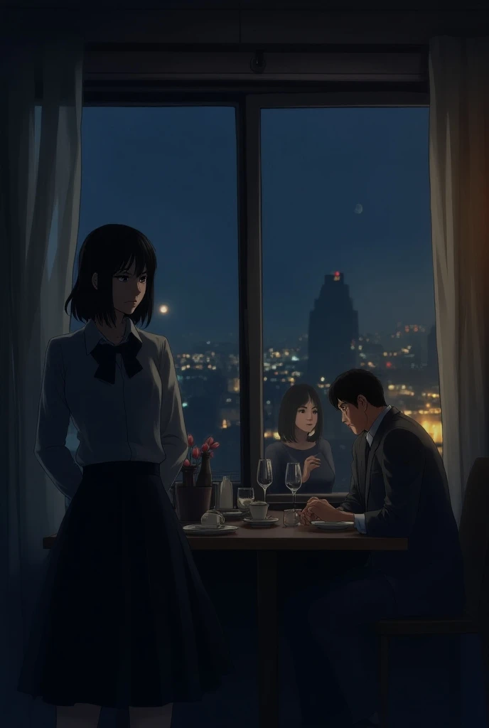 A dressed woman looks sadly at the window
Man and woman eating in the night view from the window and shadows inside the restaurant
In anime style