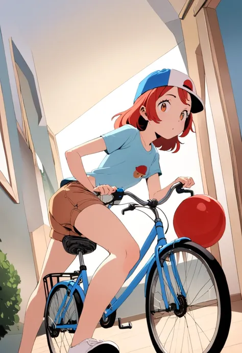 9 bit theater, a cute woman (age 25, paper route bicycle, red ball cap, t-shirt, shorts), on a bicycle tossing newspapers at peoples homes (Game PaperBoy)